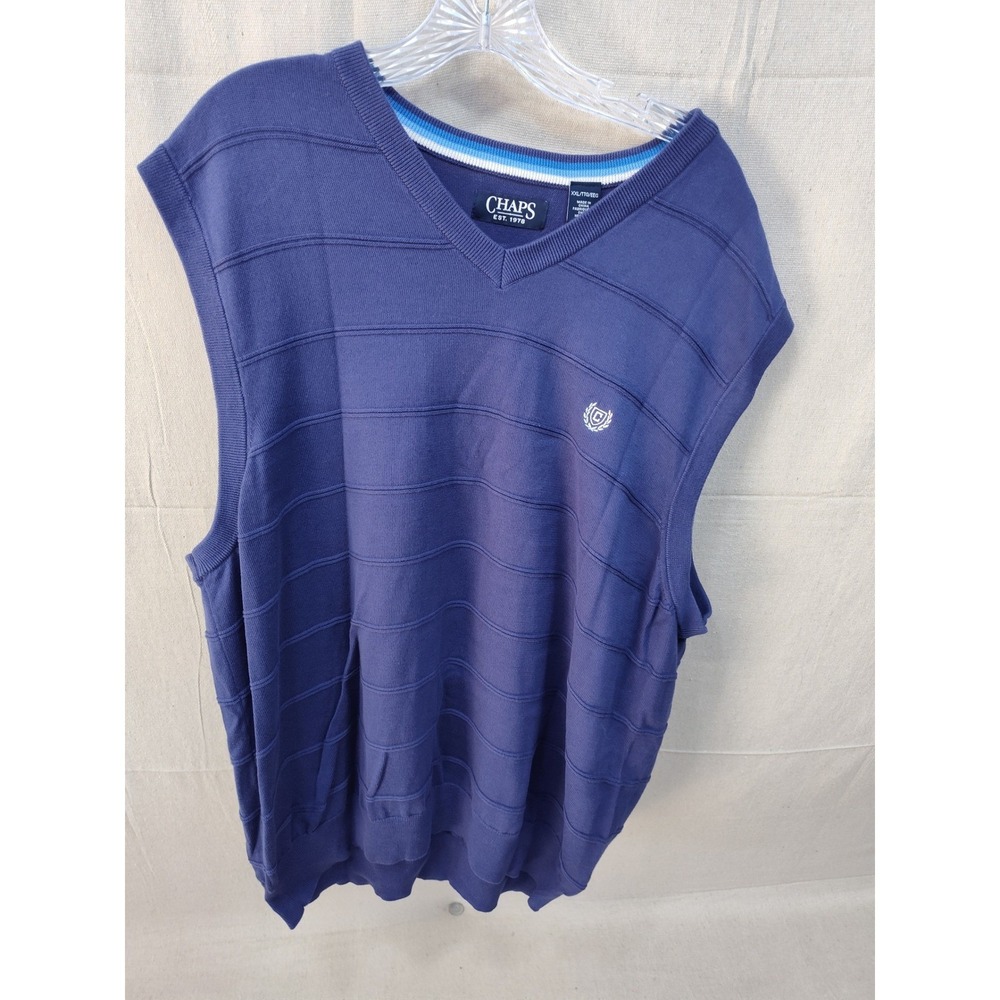 Chaps Mens Blue V-Neck Sweater Vest‎ XXL Textured Striped Trim Pullover
